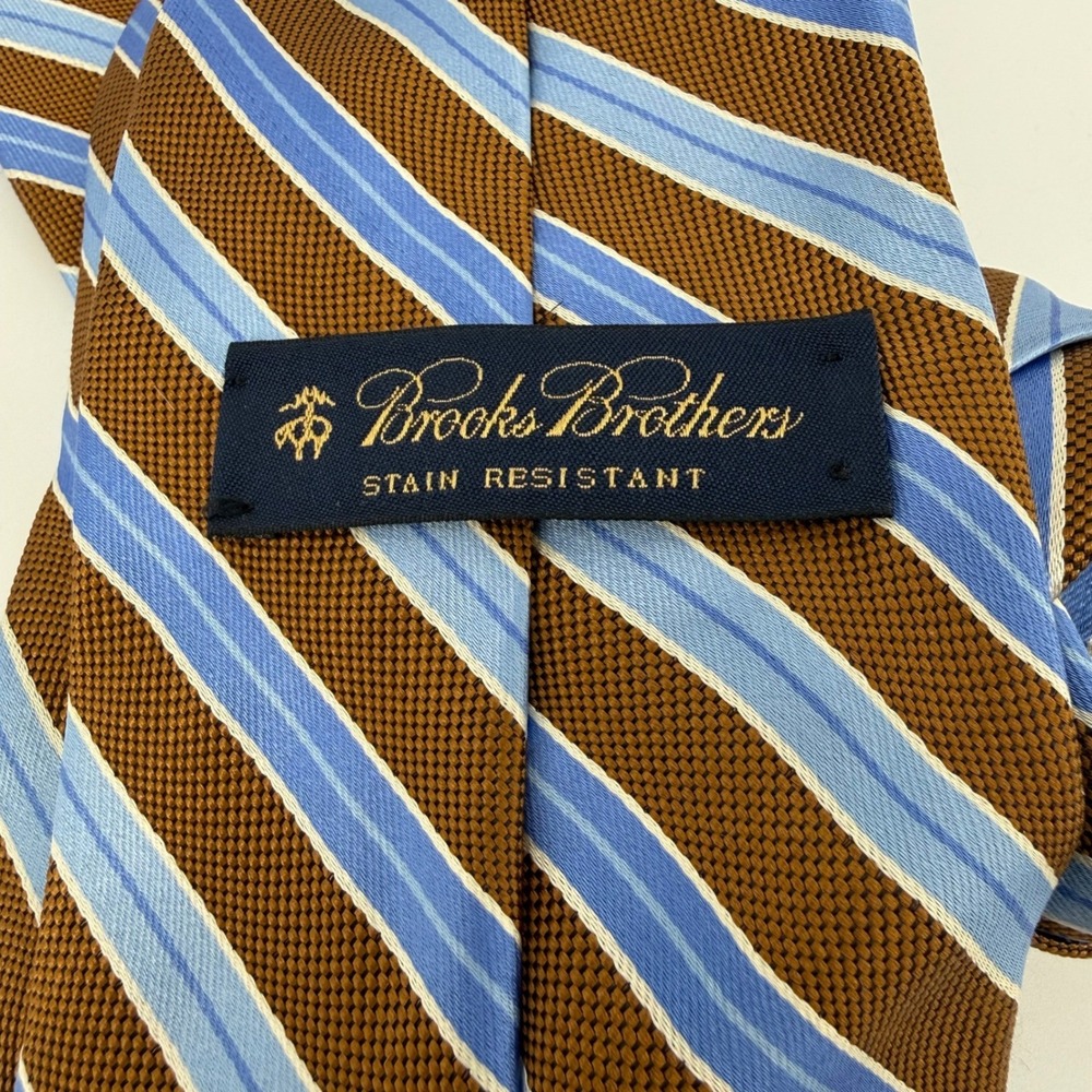 Brooks Brothers Silk Tie Brown Tan‎ Blue Stripe Stain Resistant Made in USA